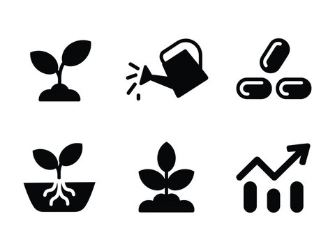 Black icons of plants and growth on white background