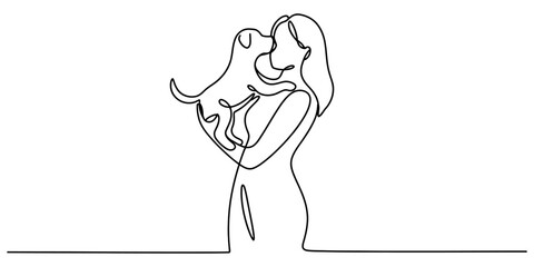 Continuous single line drawing of a happy woman holding and hugging her cute little puppy dog with love and affection in a simple art style Vector, illustration © RK Drawing Gallery