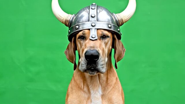 Cute great dane dog wearing a Viking helmet with horns on a green background, looking directly at the camera.