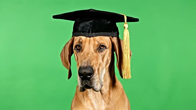 Cute great dane dog wearing a graduation cap, celebrating academic achievement and intelligence with a green background.