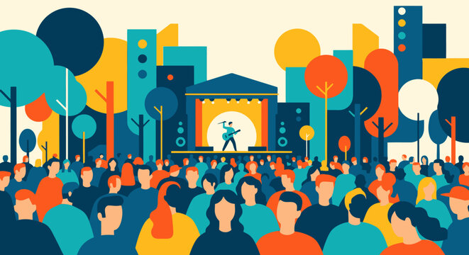 Vibrant outdoor music festival scene depicting a performer on stage entertaining a large crowd of diverse attendees enjoying a lively community event surrounded by stylized trees and cityscape