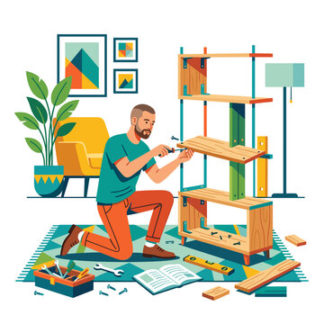 Male housekeeper building wooden shelving unit with tools at home.