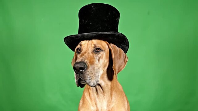 A majestic Great Dane dog wearing a stylish black top hat against a vibrant green background, looking thoughtfully to the side.