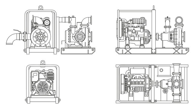 Dewatering pump technical drawing blueprint with front side back and top views CAD line art vector illustration