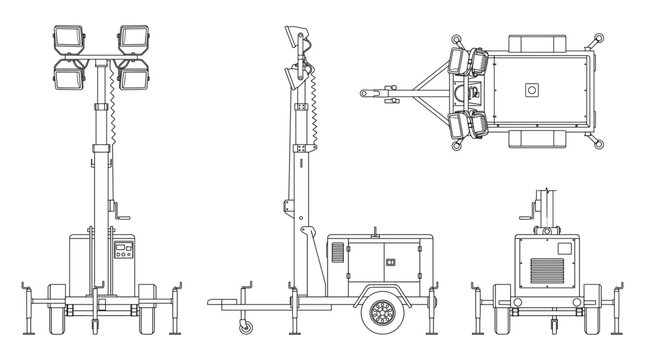 Light tower technical drawing blueprint with front side back and top views CAD line art vector illustration