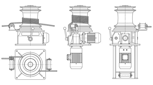 Capstan technical drawing blueprint with front side back and top views CAD line art vector illustration