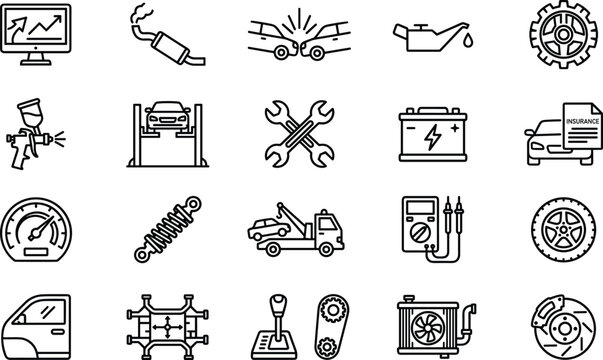 Automotive Car Service and Repair Line Icon Set Featuring Battery Brake Suspension Tow Truck Insurance Tools Diagnostics and Vehicle Maintenance Symbols