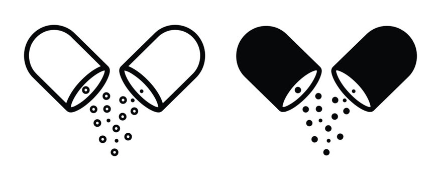 Pill capsules open with pills spilling out Vector
