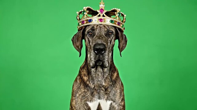 Majestic Great Dane Dog Wearing a Golden Crown on a Vibrant Green Background, Looking Directly at the Camera.