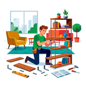 Man assembling flat-pack wooden shelves in a modern living room.