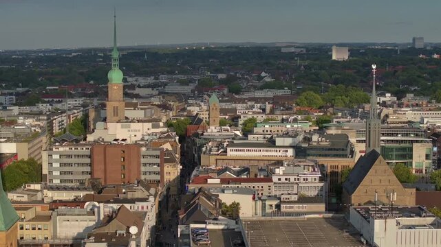 Cityscape of Dortmund Old Town, Aerial Drone Shot in Soft Evening Light. Nord Rhine Westfallen, Germany. 