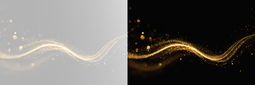 Elegant golden light wave with sparkling particle trail forming smooth flowing curve dynamic motion abstract luxury shimmer design element for visuals