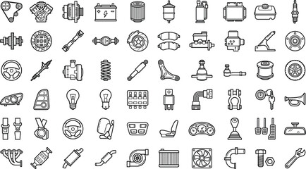 Fototapeta premium Automotive Car Parts Mega Line Icon Set Featuring Engine Battery Brake Suspension Steering Lighting Electrical and Mechanical Components for Vehicle Service Design