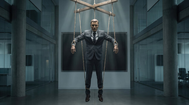 Businessman suspended by wooden puppet string in modern office.