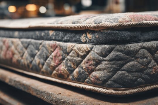 Worn stained mattress with faded floral pattern on wood surface