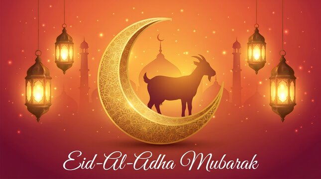 Eidaladha mubarak greeting card with crescent moon and goat