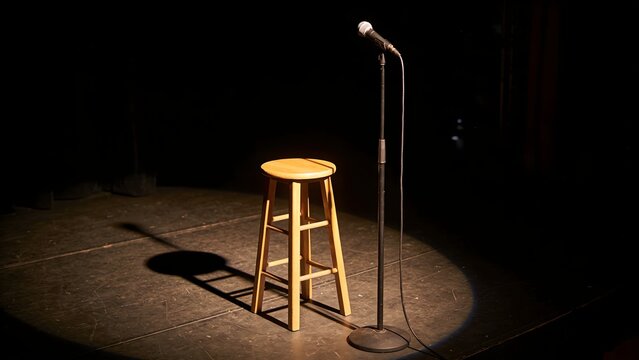 A wooden stool sits in the spotlight on a dimly lit stage, casting a shadow, with a single microphone stand positioned nearby.
