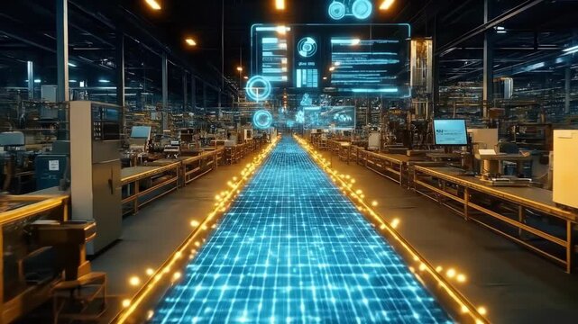 Futuristic automated factory with digital conveyor system in modern industrial setting