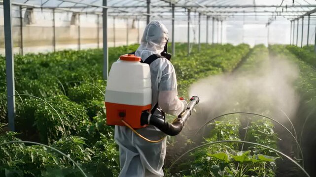 Starting sprayer tank, worker in suit and mask moving down hothouse row, misting to protect plants