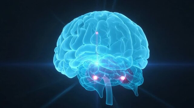 Appearing cyan brain model rotating and pulsing magenta nodes in studio void, showing activation