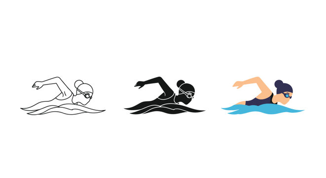 Three stylistic variations of a professional swimmer character design including a black silhouette a simple line art sketch and a full color vector graphic set isolated