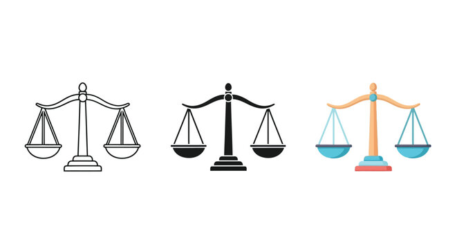 This set of three vector scales of justice illustrations features outline silhouette and colorful flat design styles representing legal balance equality and fair judicial law concepts