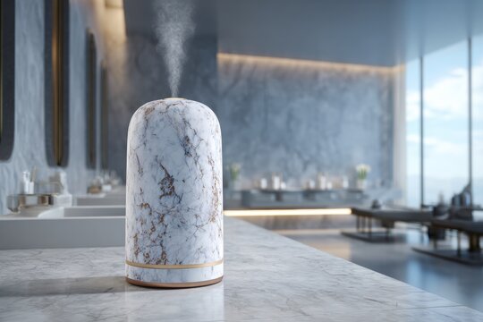 Marble aroma diffuser releasing mist in modern spa bathroom