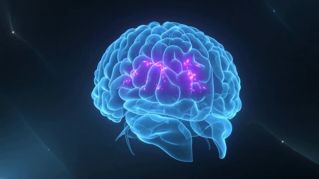 Rotating cyan brain model responding to playback in digital studio, magenta activations spreading