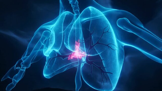 Revealing airway model pulsing pink at carina while camera pulling back to show branches in void