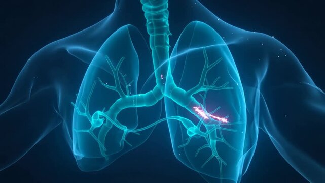 Emerging bright particles by trachea tracing along translucent lungs in 3D render showing drug flow