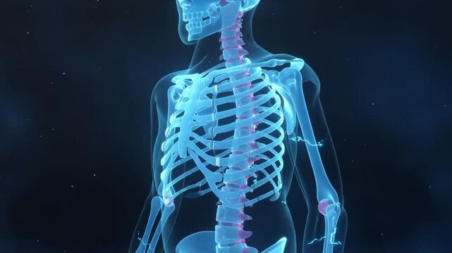 Rotating 3D skeleton revealing right side on starfield as currents tracing arms, magenta joints