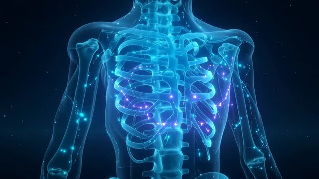 Animating torso model pulsing when sequence starts, showing glowing ribcage nodes for medical study