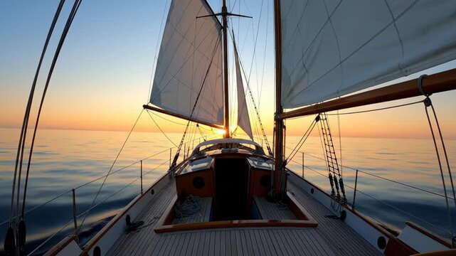 First Person View from Classic Gaff Rigged Sailboat Deck Gliding Across Calm Sea at Golden Sunset