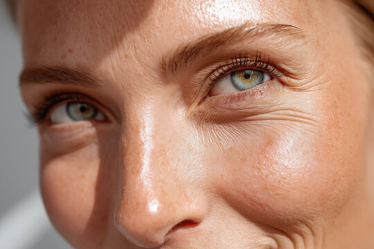 Glowing skin close up natural complexion hydration facial detail smile lines