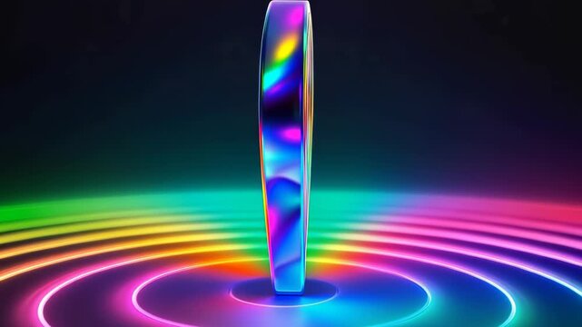Iridescent neon location pin rendered in glossy 3D with rainbow chromatic reflections, hovering above concentric glowing ripple rings on a dark gradient background