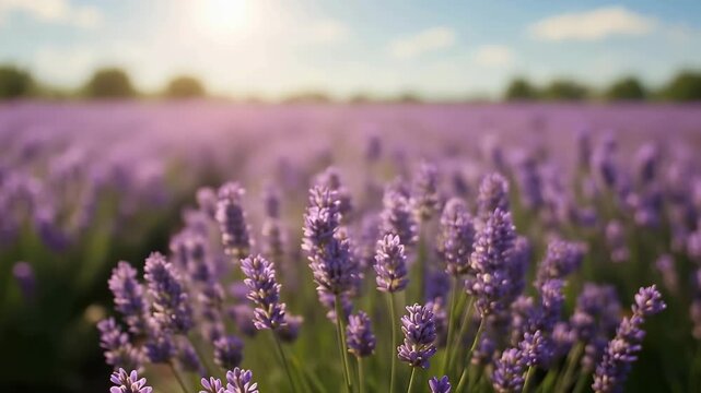 Rustic wooden tabletop in the foreground overlooking a sunlit lavender field stretching to the horizon, with blooming purple flowers, soft bokeh and a warm golden sky.