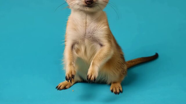 Closeup portrait of an inquisitive meerkat standing on a turquoise studio background, displaying large expressive eyes, upright posture, detailed fur texture, and playful curiosity
