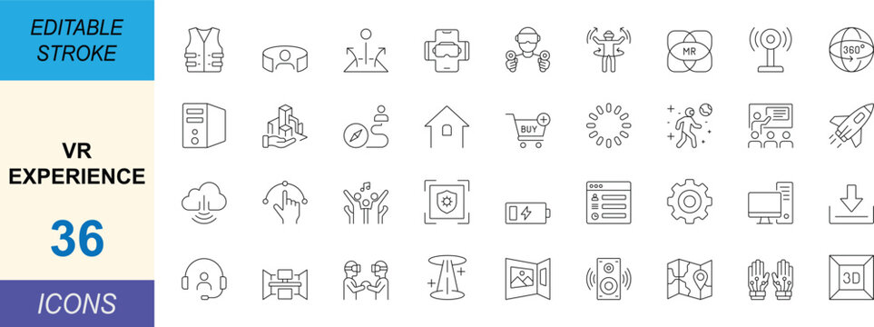 Professional VR experience icon set for virtual reality, metaverse, and immersive tech. Minimalist line icons for digital simulation, gaming UI, and augmented reality.