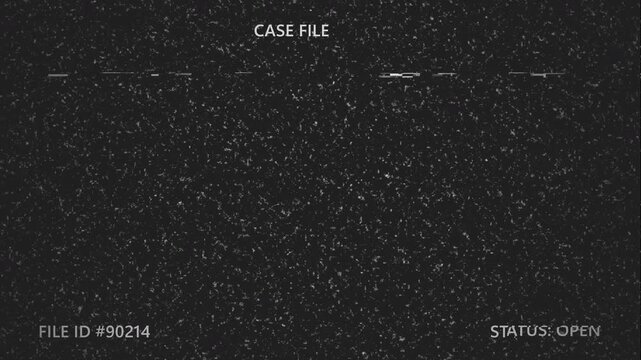 Forensic Case File Active Interface with Investigation Database Screen, Noise Background, Evidence Analysis Display for Crime Documentary, Detective Storytelling and Police Video Editing