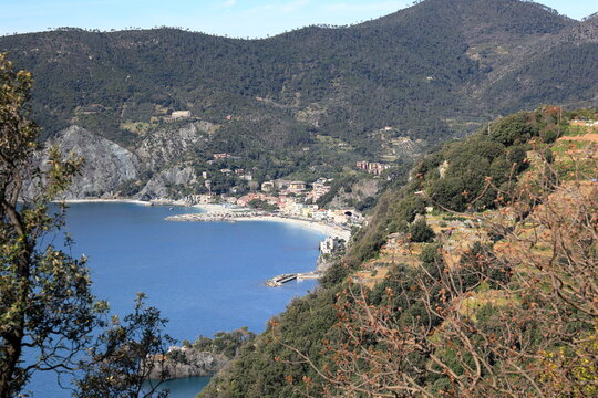 View of Monterosso al Mare from elevated hiking trail between Vernazza and Monterosso along Italy's Cinque Terre