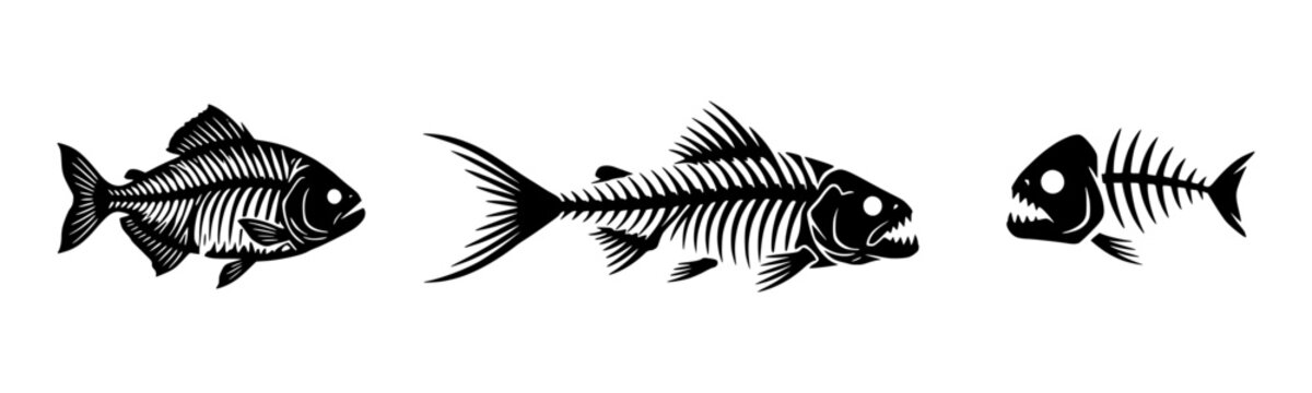 Predatory Fish Skeleton Silhouette Set &ndash; Black and White Vector Illustration of Dead Fish Bones and Piranha Anatomy