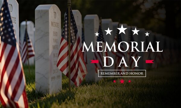 Traditional American Flags Waving at Military Cemetery Headstones on Memorial Day