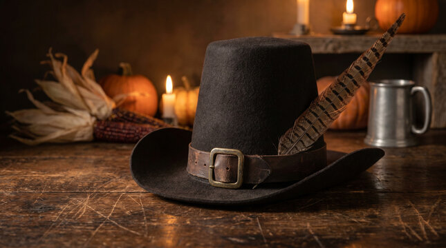 Black pilgrim hat with feather on wooden table with autumn decor  