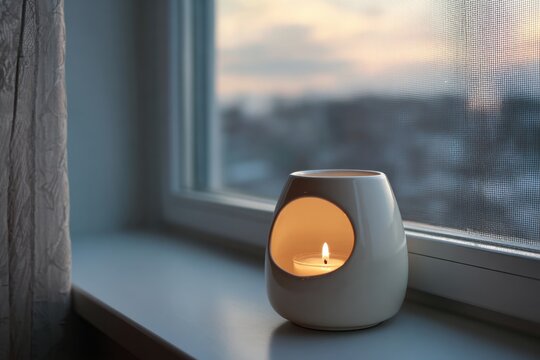 White ceramic aroma lamp with burning tea light on windowsill at dusk
