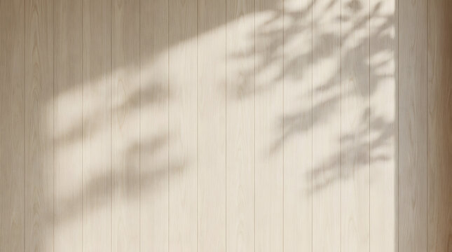 Light wooden plank texture with natural leaf shadow