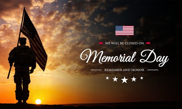 Silhouette Soldier Holding American Flag At Sunset Memorial Day Holiday Announcement