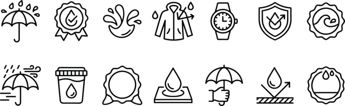 Set of waterproof and water resistant thin line vector icons