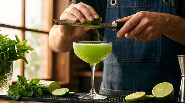 Bartender preparing green cocktail with lime and mint leaves in trendy bar