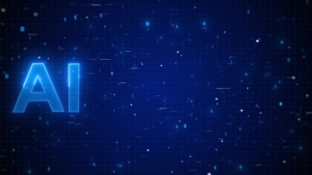 Blue AI binary background with glowing letters, grid texture, floating numbers, and digital data particles. artificial intelligence videos, automation promos, software explainers, tech overlays.