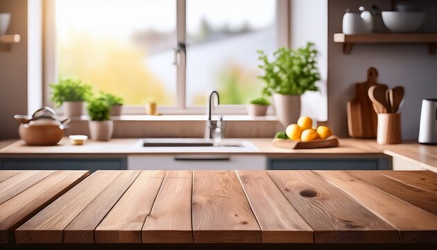 wood table top on blur kitchen window background